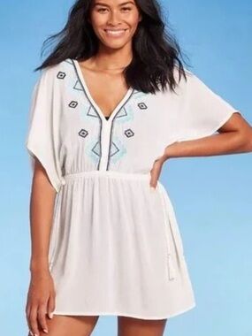 Kona Sol White Embroidered V-Neck Swim beach Cover-Up Tunic Large NWOT